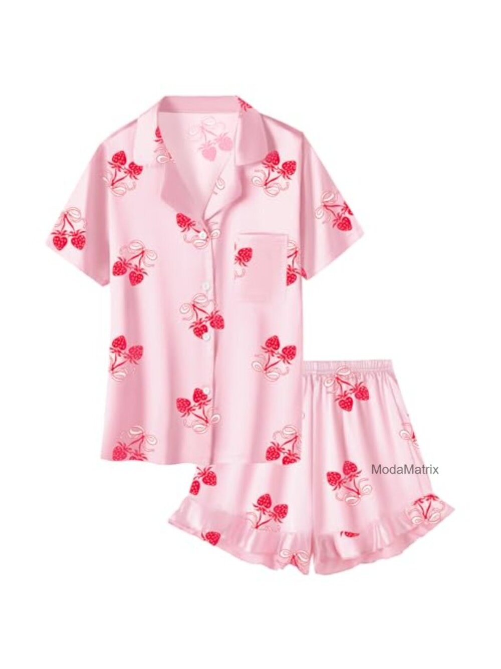 Satin Pajama Set 2 Piece Button Down Pjs Soft Ruffle Sleepwear Loungewear